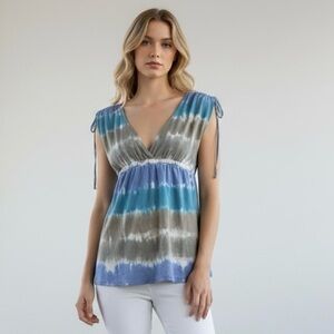 Boston Proper Tie-Dye V-Neck Front & Back Blue Grey White Blouse